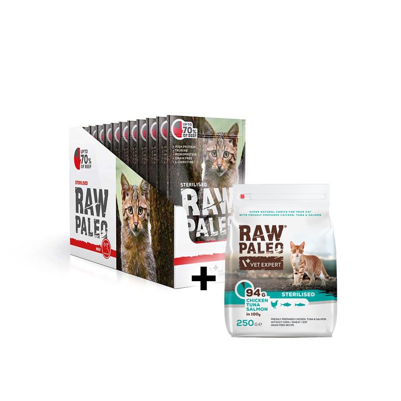 RAW PALEO STERILISED CAT BEEF 12x100g - mokra karma dla kotów sterylizowanych - wołowina + Gratis
