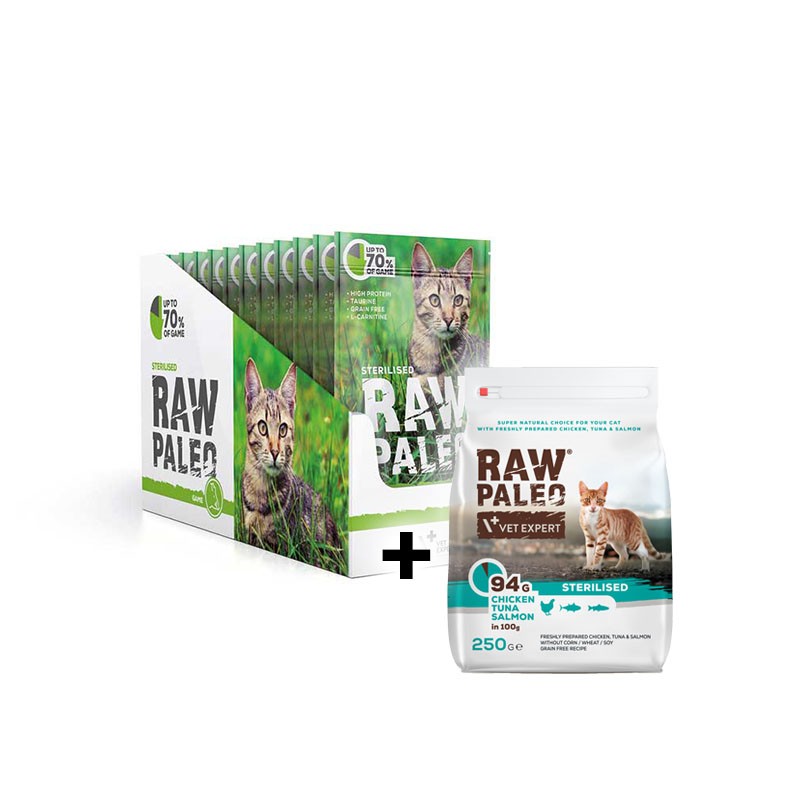 RAW PALEO STERILISED CAT GAME 12x100g - mokra karma dla kotów sterylizowanych - dziczyzna + Gratis