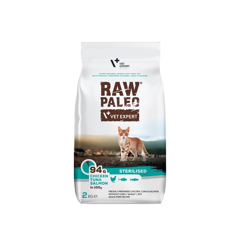 RAW PALEO – sucha karma z kurczakiem, tuńczykiem i łososiem dla kotów sterylizowanych 2 kg