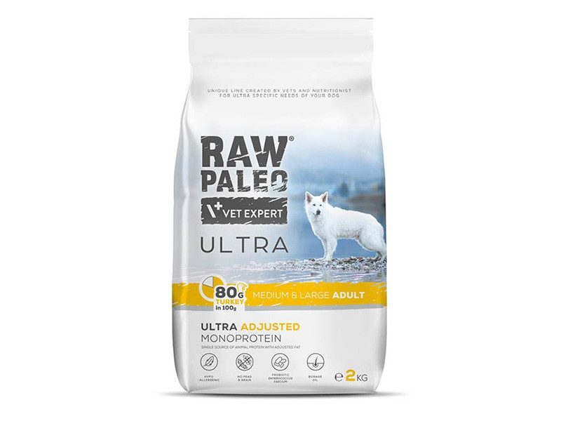 Raw Paleo Ultra Medium & Large Adult Turkey to pełnoporcjowa karma dla psów dorosłych ras średnich i dużych.